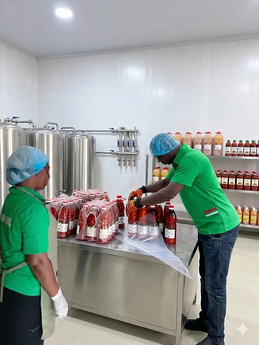 M4 Organic staff packing red palm oil in the Eket facility